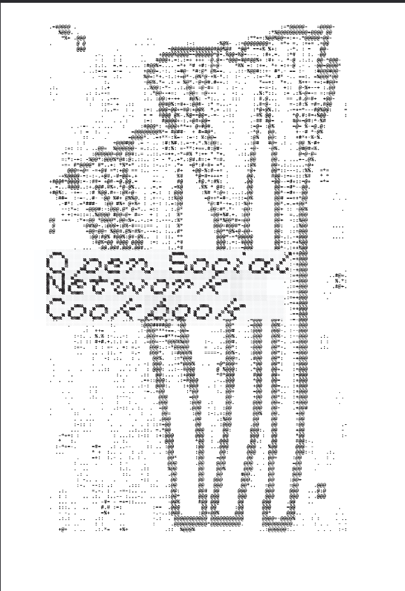 Forside fra "Open Social Network Cookbook" der viser et enormt ASCII-broderi af 2 porrer.